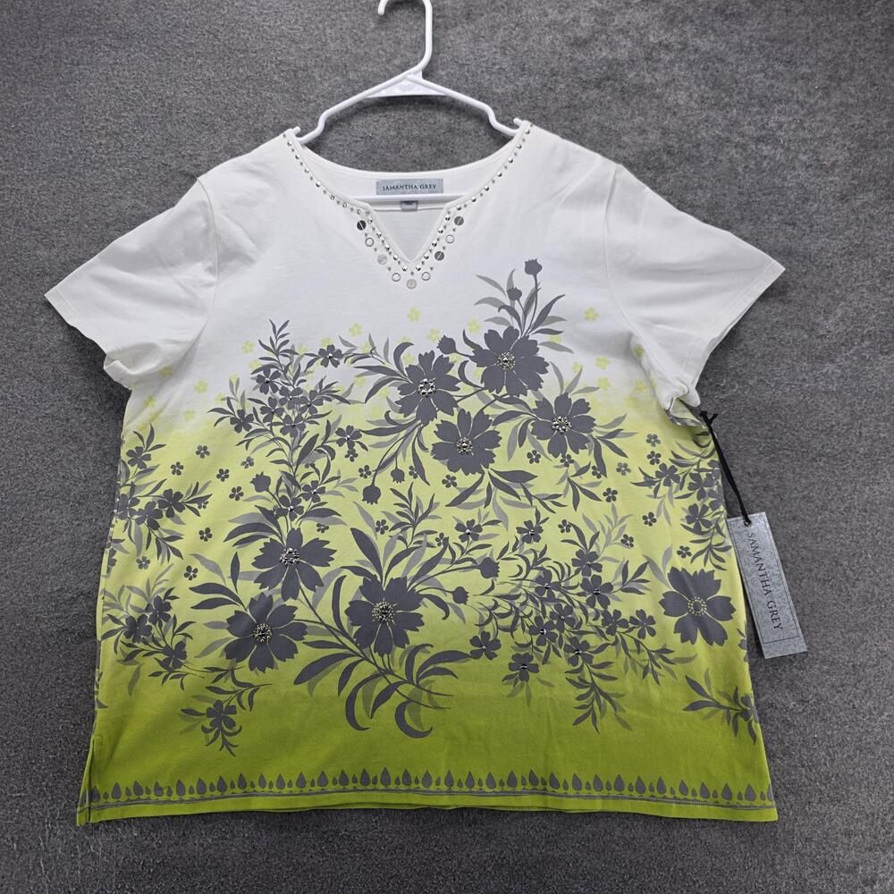 Samantha Grey T-Shirt Womens L Green Floral V-Neck Beaded Rhinestone Cotton